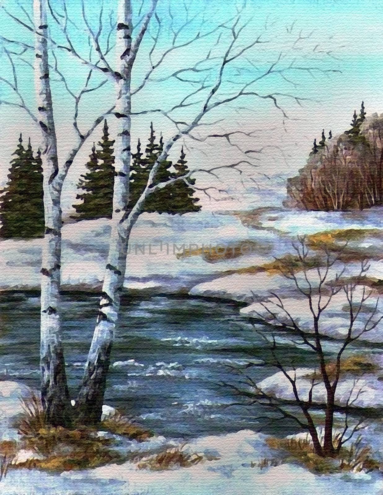 Picture oil paints on a canvas, landscape: birches at the river, spring