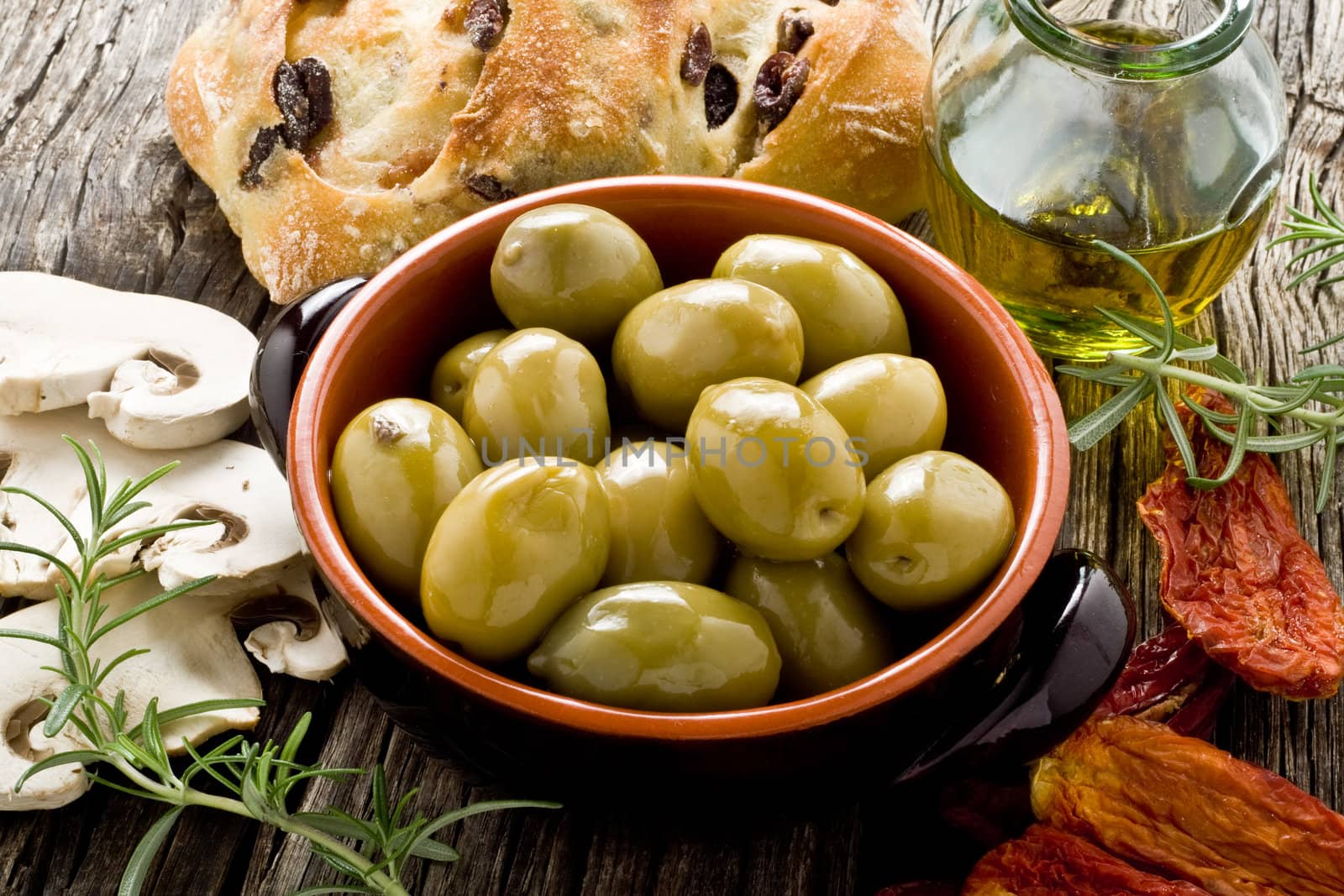 rustic appetizer with giants Spanish olives on a bowl 