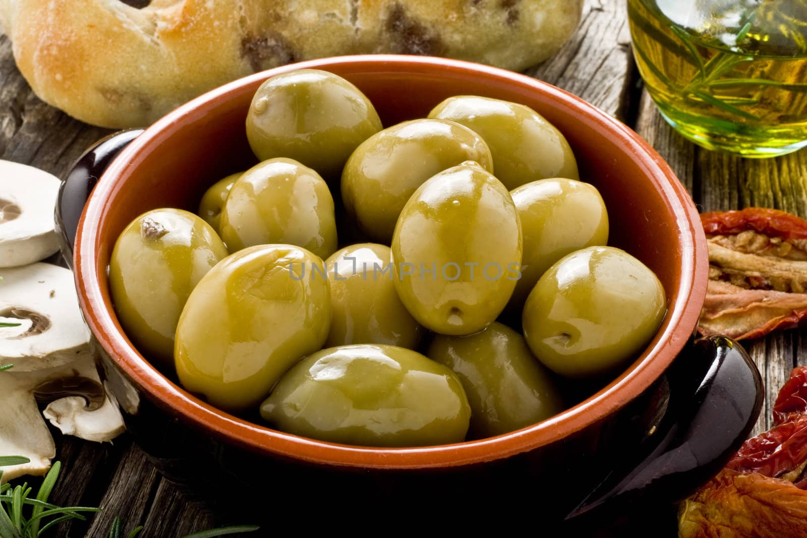 rustic appetizer with giants Spanish olives on a bowl 