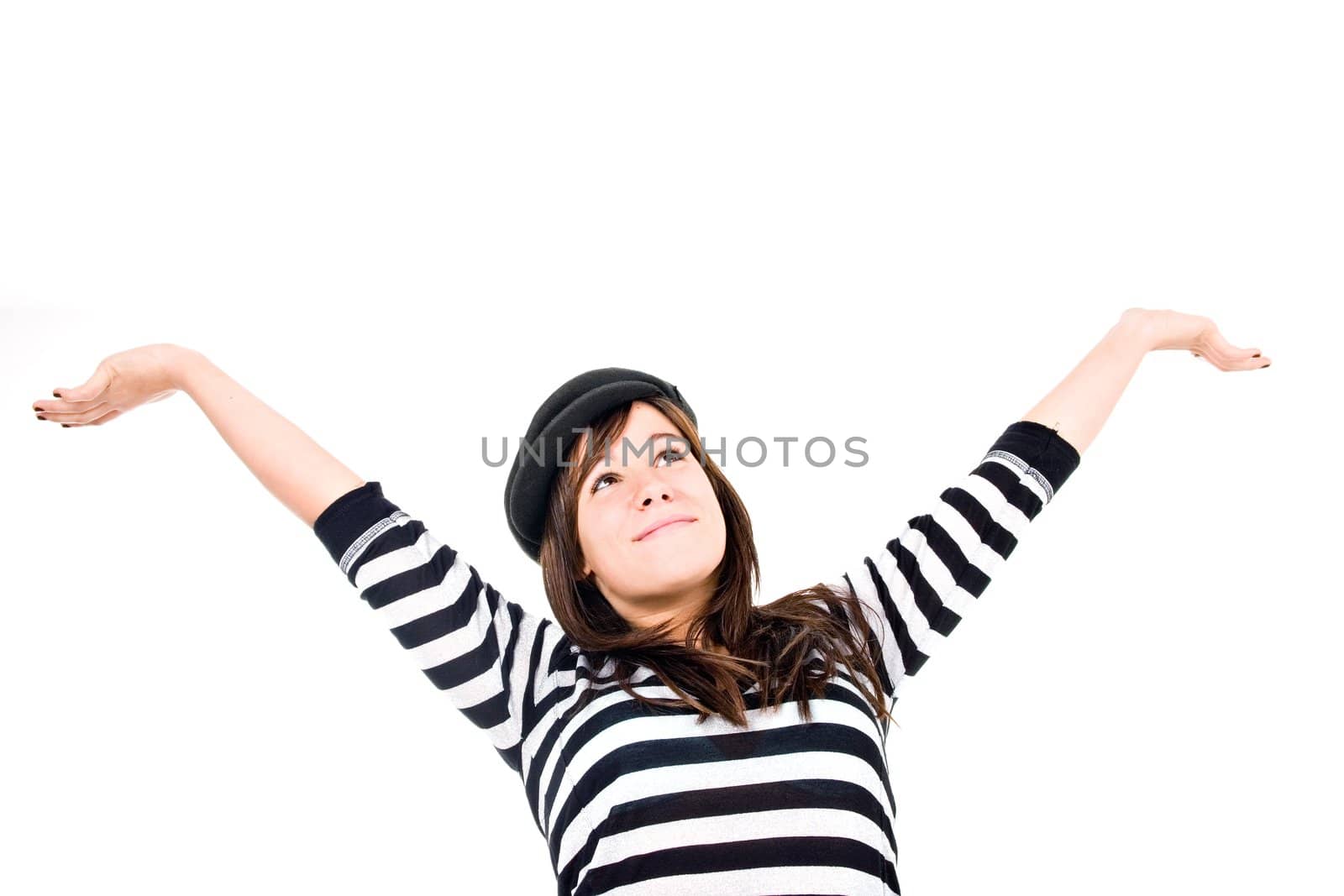 Young woman smiling with arms wide open. Copy space.
