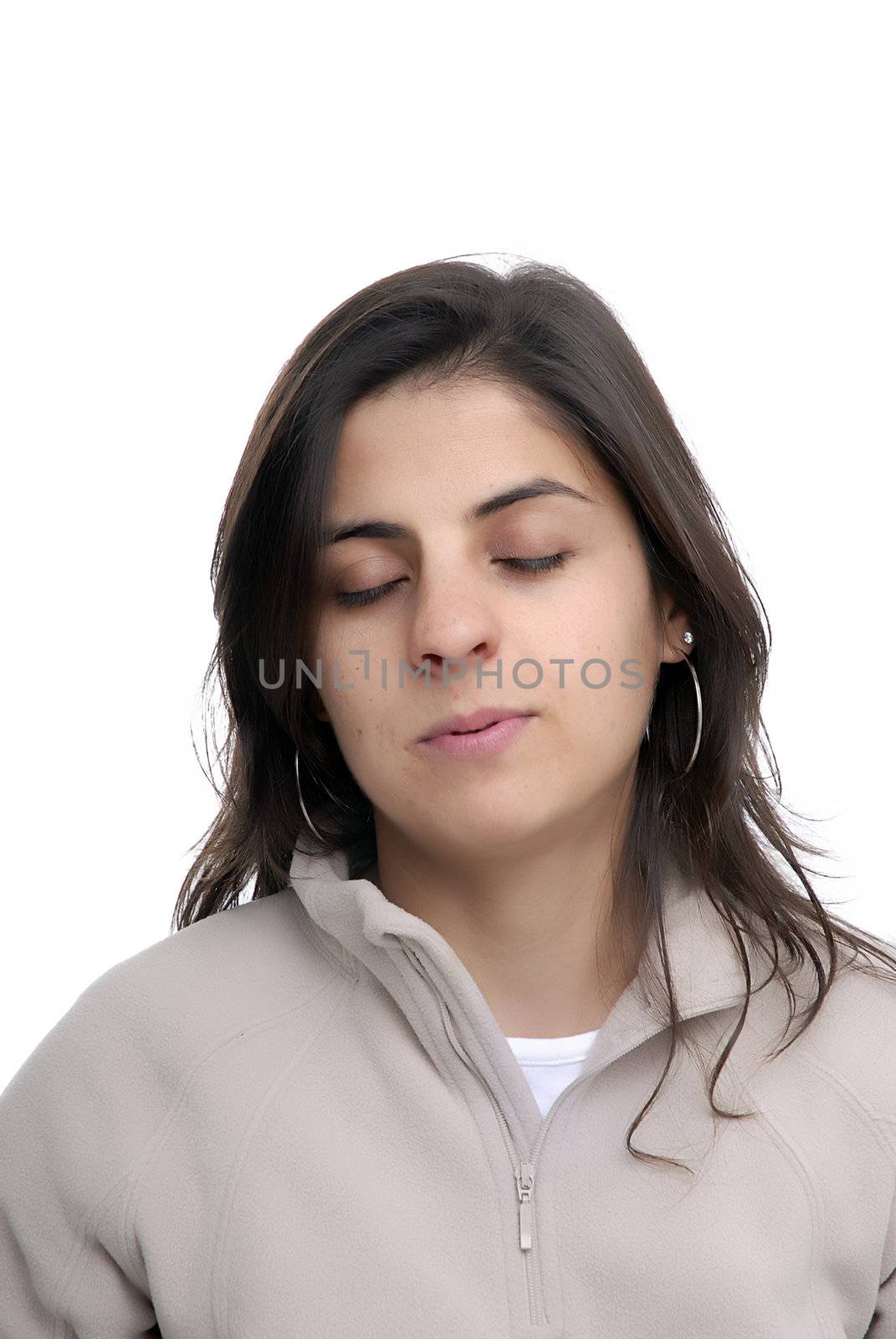 young sleepy casual woman portrait in white background