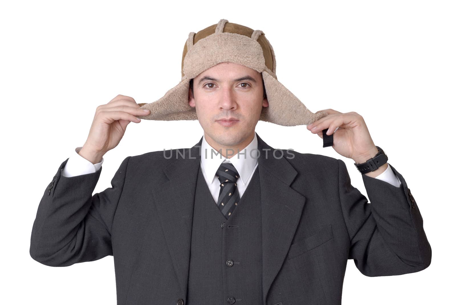business young man with a hat isolated on white