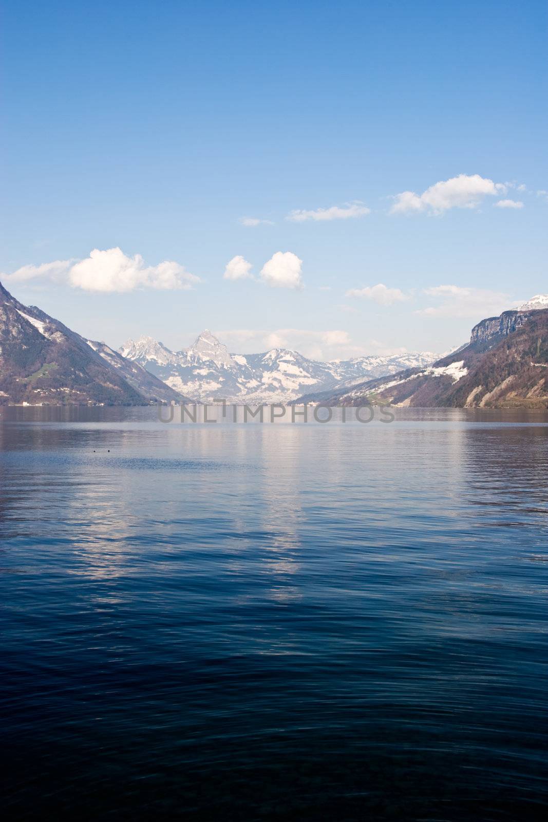 Photo of a lake in the Swiss Alps. View over Vier Wald See, in Switzerland.