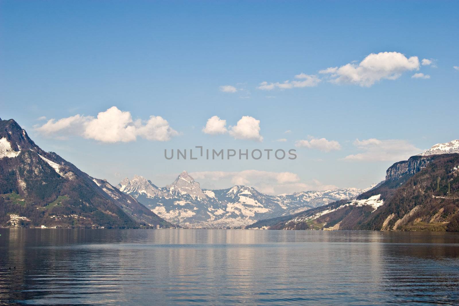 Photo of a lake in the Swiss Alps. View over Vier Wald See, in Switzerland.