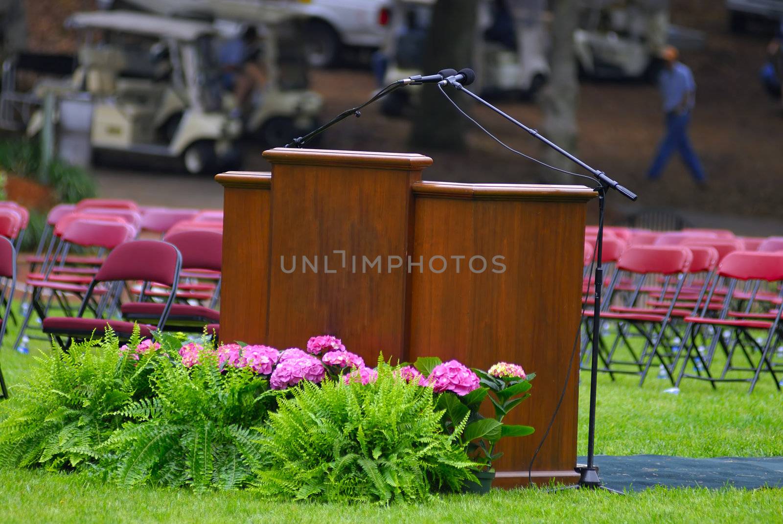 A podium set up to present diploma to students