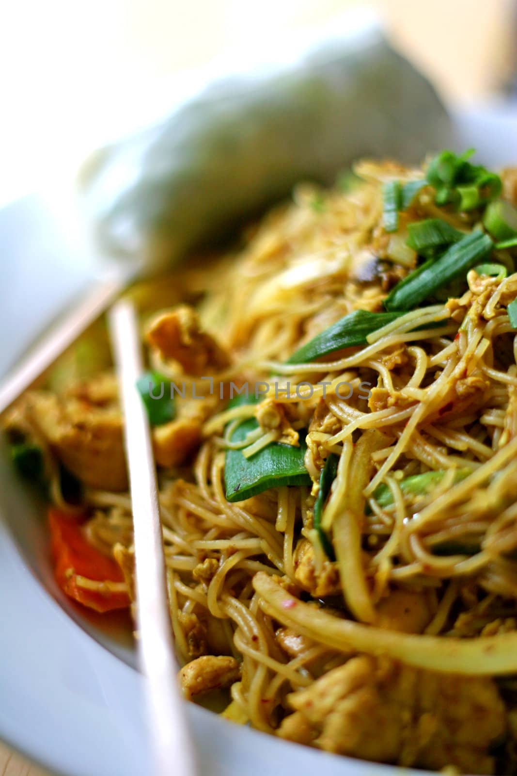 Asain noodles and spring roll on serving plate