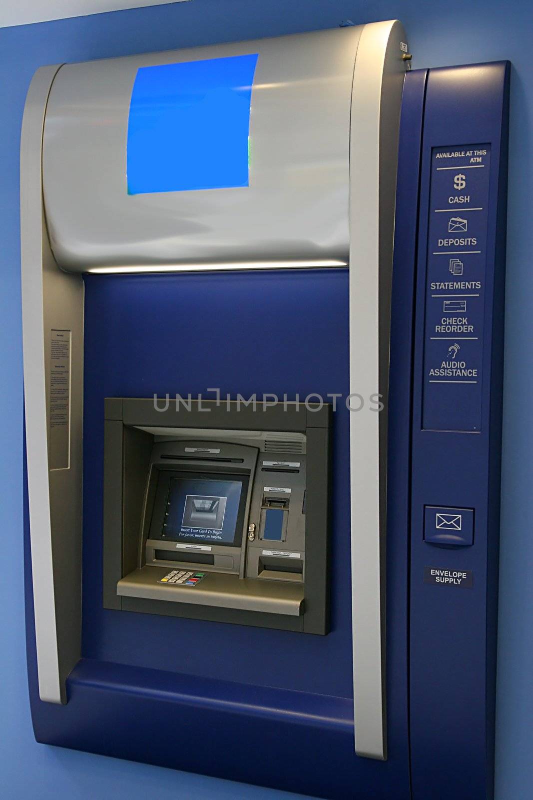 Modern indoor automatic teller machine at a bank