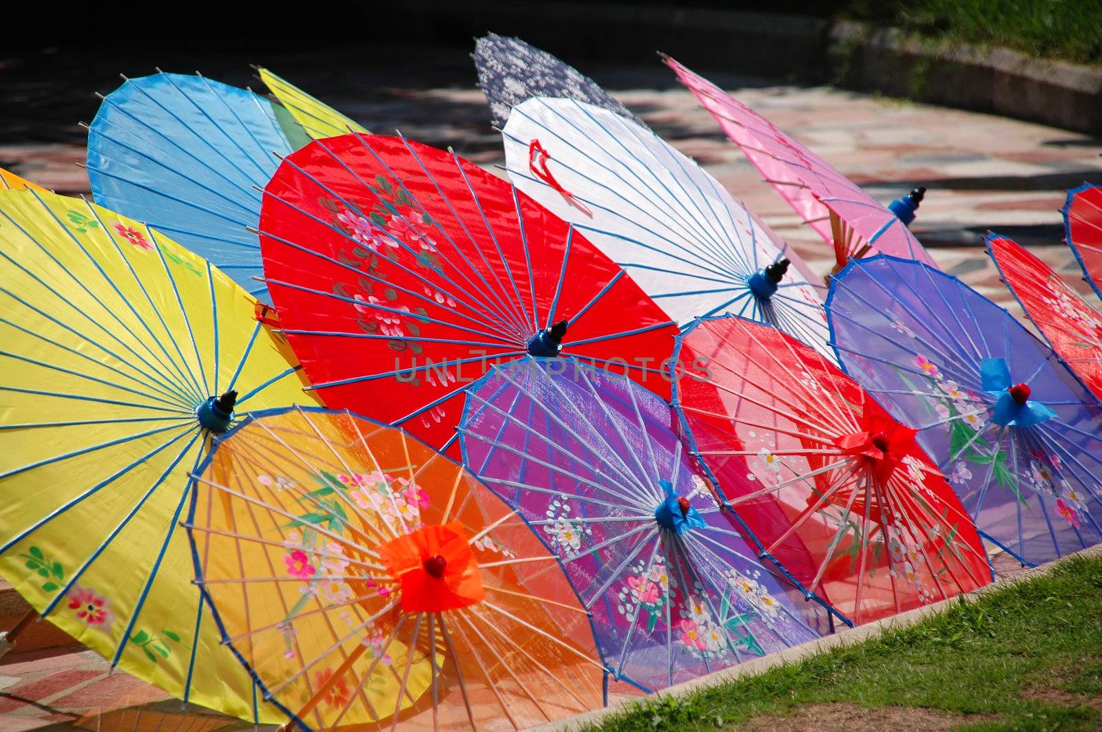 Shot of multi color traditional Chinese umbrellas