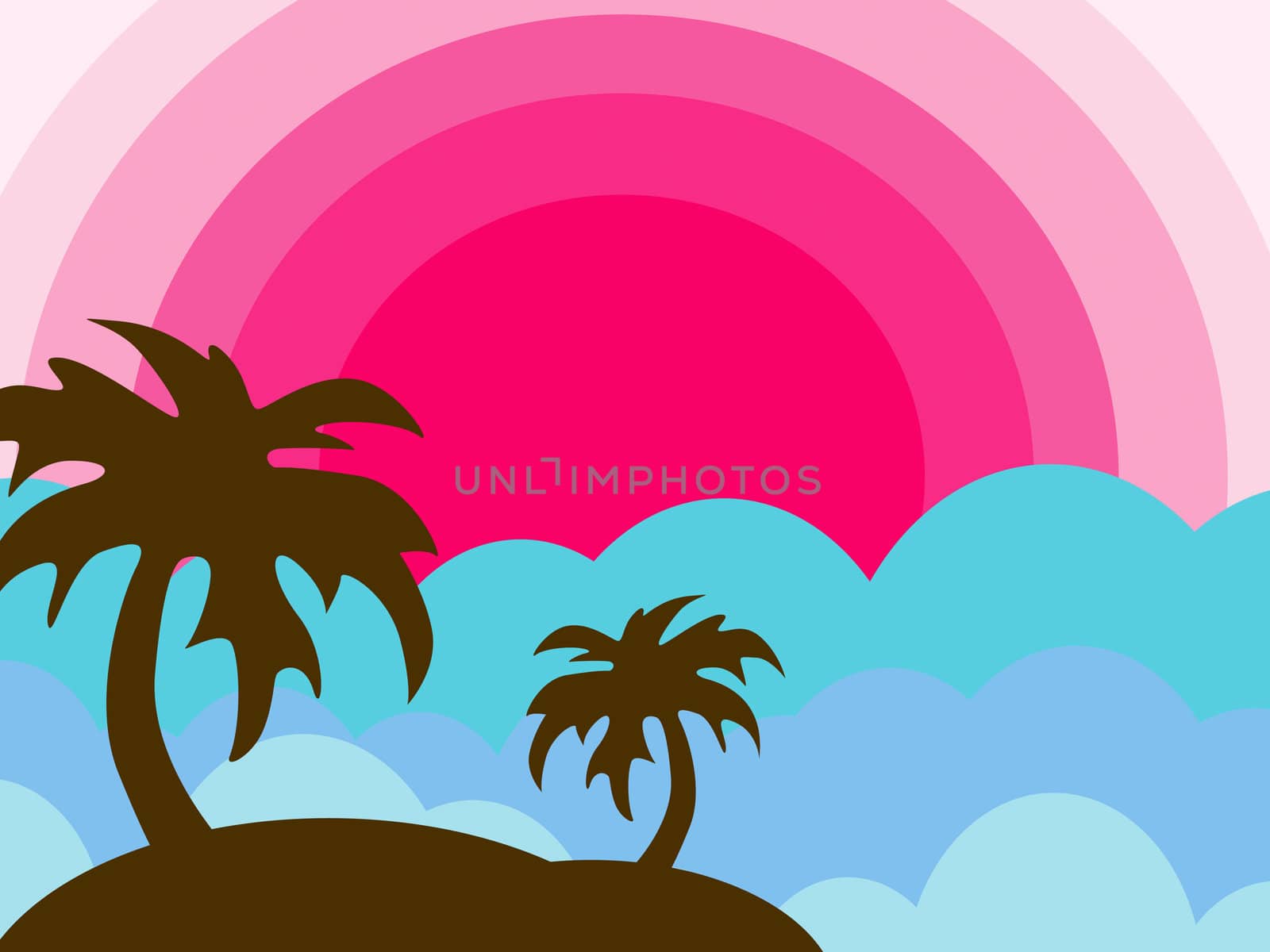 Tropical island at sunset. Illustration.