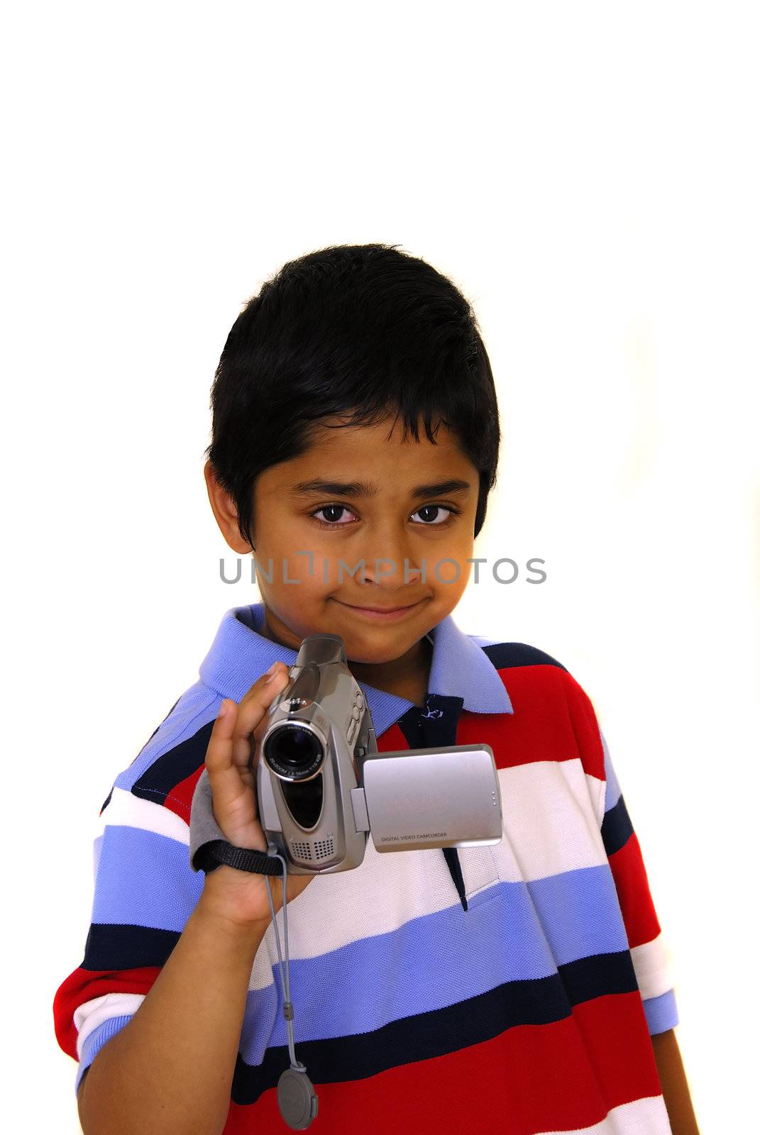 An handsome Indian kid holding a video camera