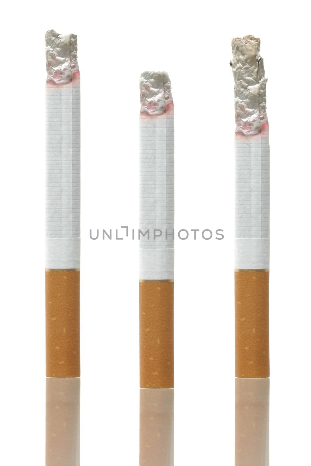 Differently burned cigarettes on white