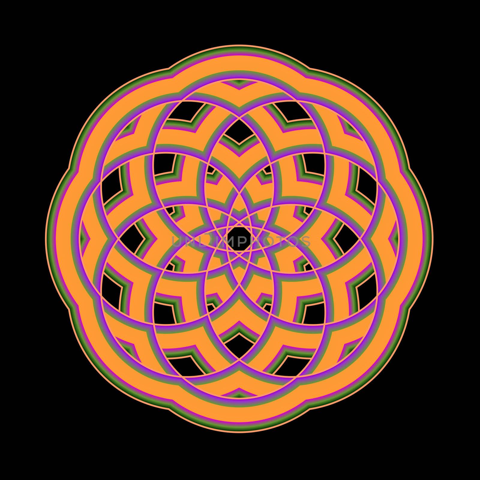 An abstract fractal illustration in a mandala shape that is done in orange, purple, and green.
