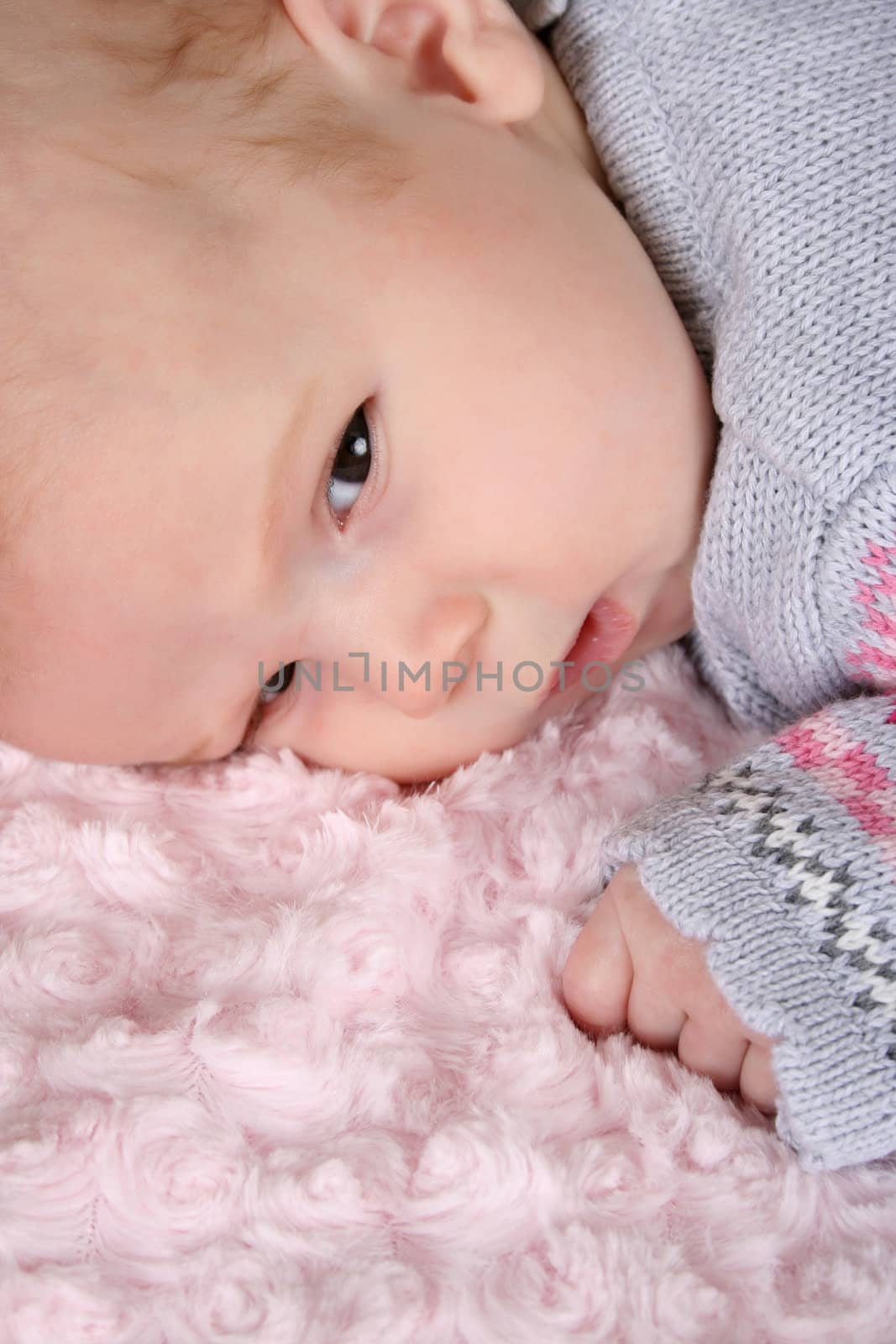 Beautiful baby girl on a pink blanket 