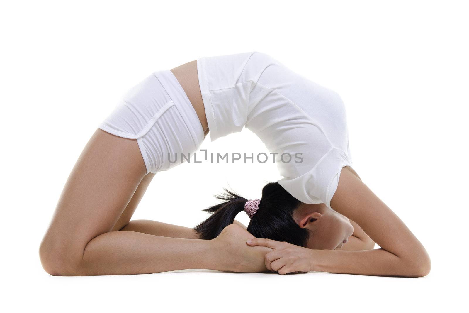 Woman in yoga, Pigeon Posture (Kapotasana), on white background