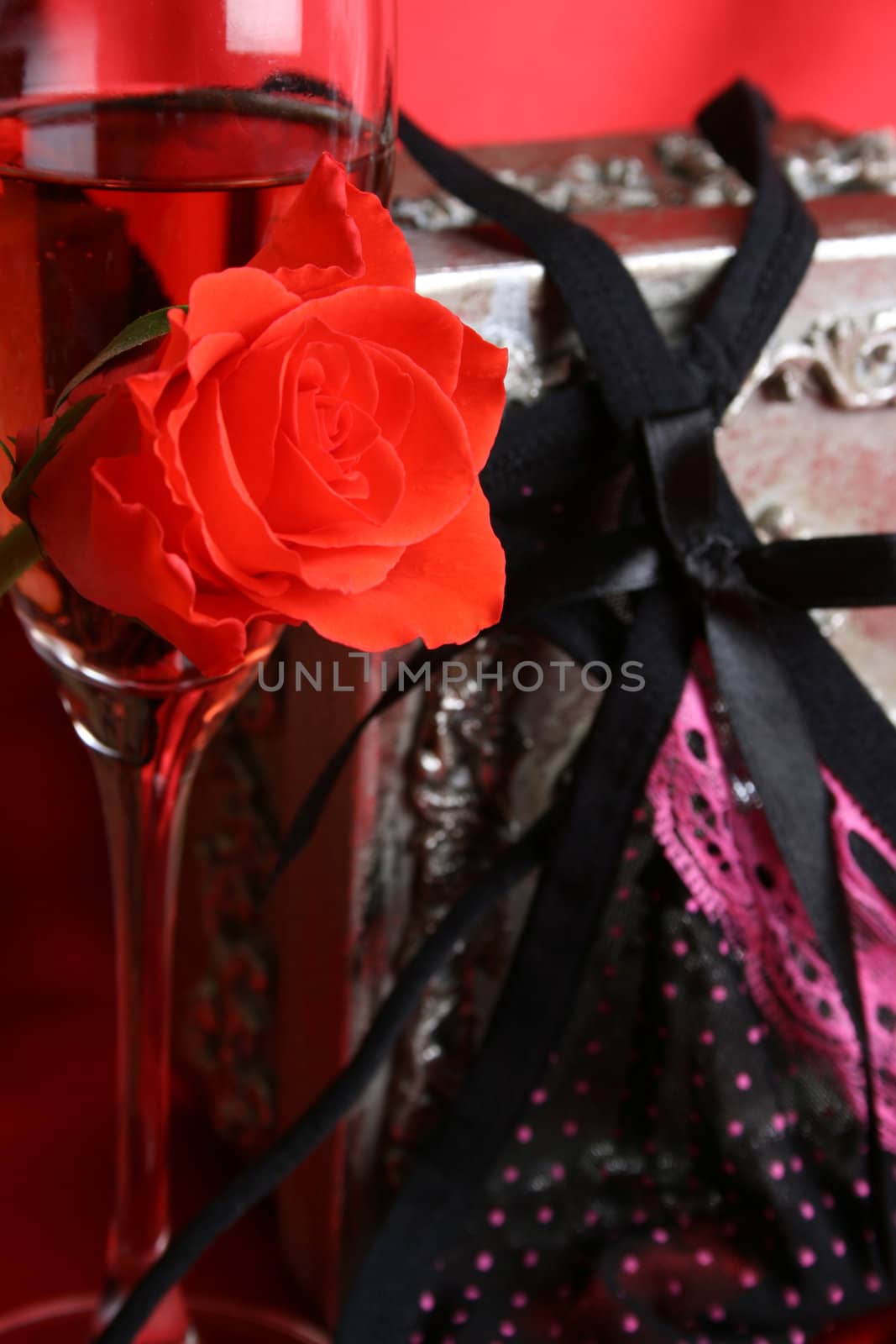 Glass of champagne with rose, underwear in the background