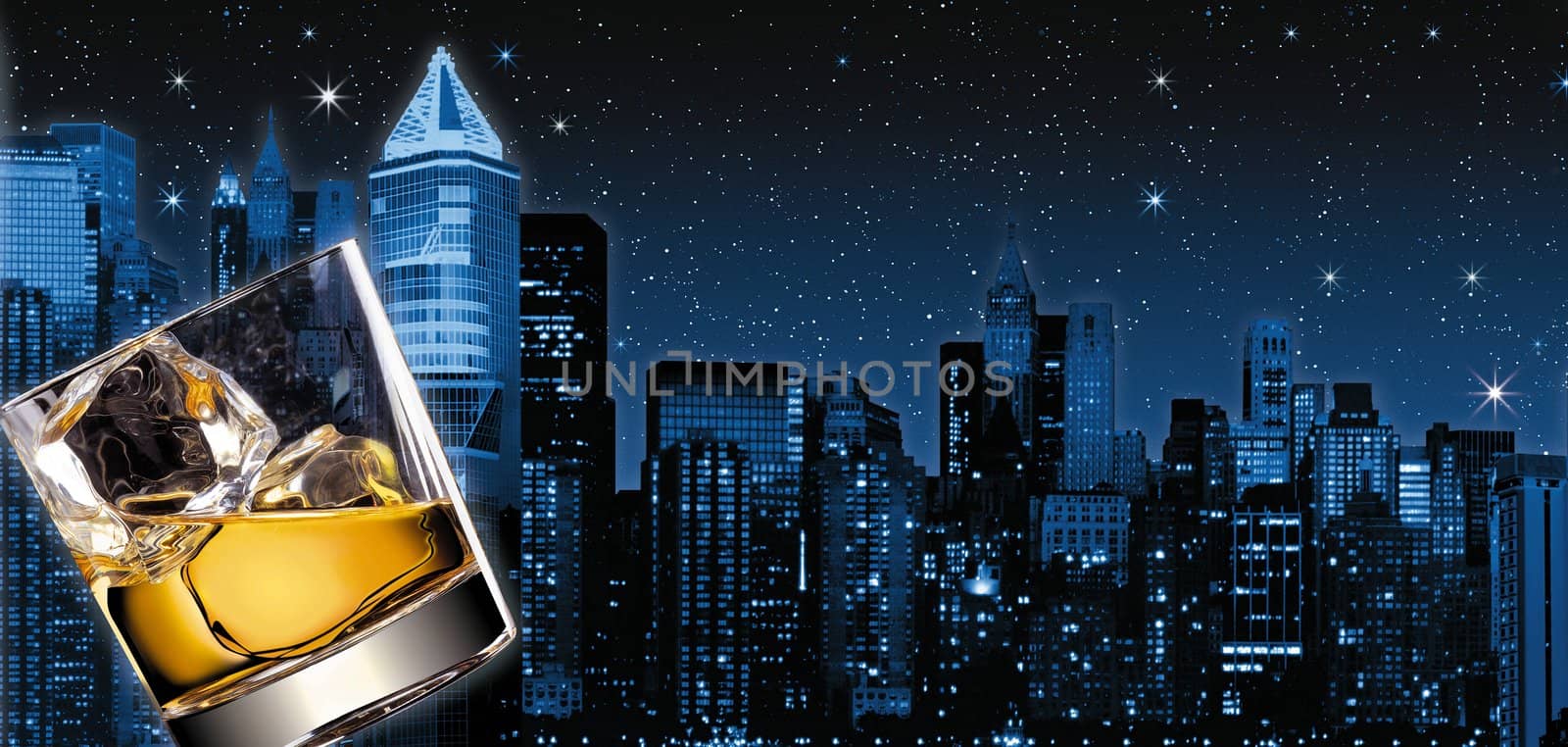 illustration of a glass of scotch with new-york as a background at night