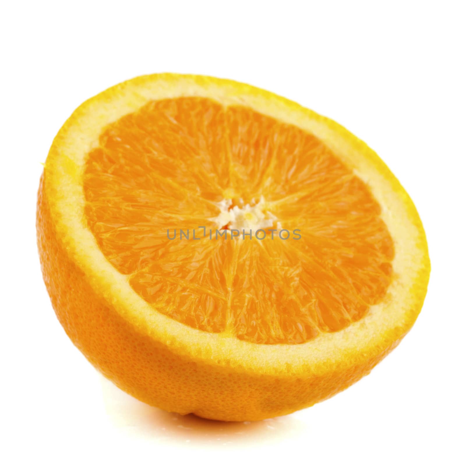 Half-cut fresh juicy orange on white background