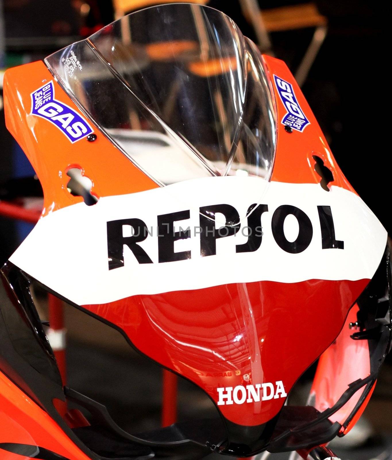 Honda Repsol motorcycle in exhibition at EICMA, International Motorcycle Exhibition in Milan, Italy.