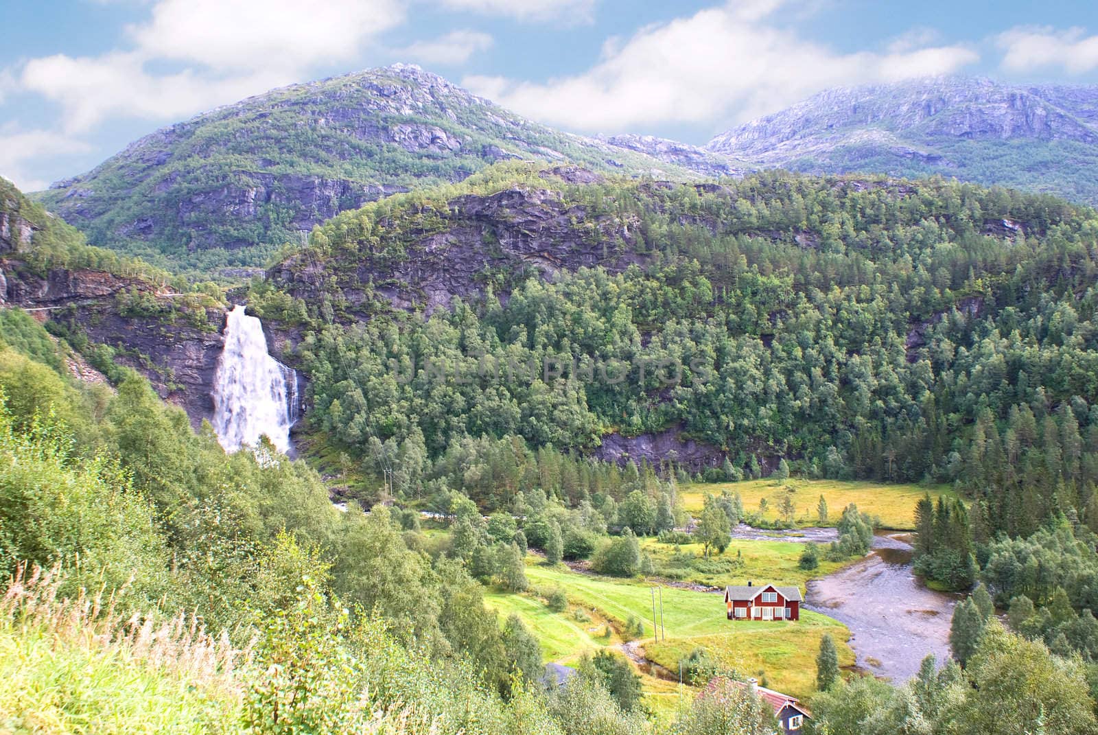 Landscape with a waterfall and houses in the Norwegian mountains by BIG_TAU