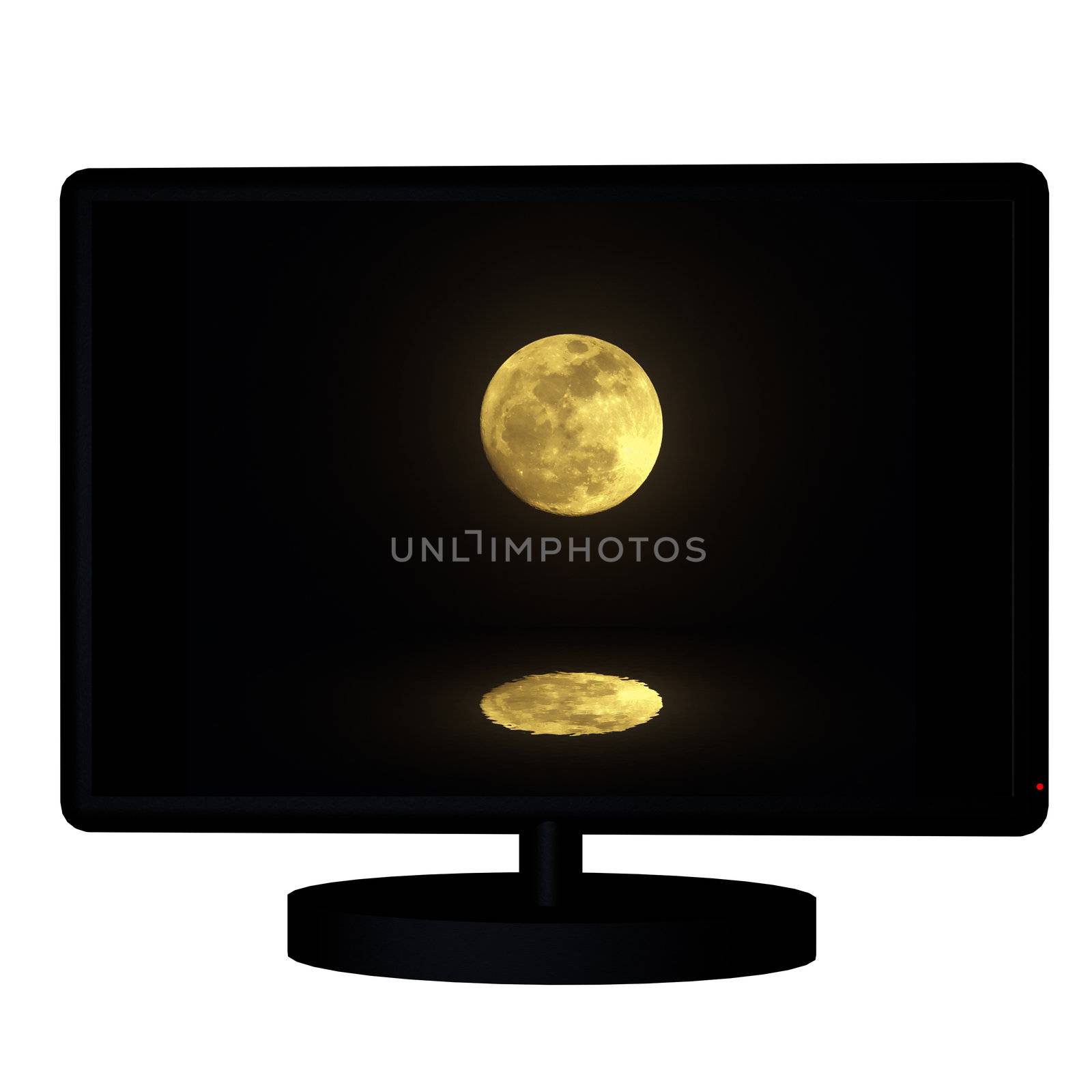 Moon and reflection in water in a big black tv