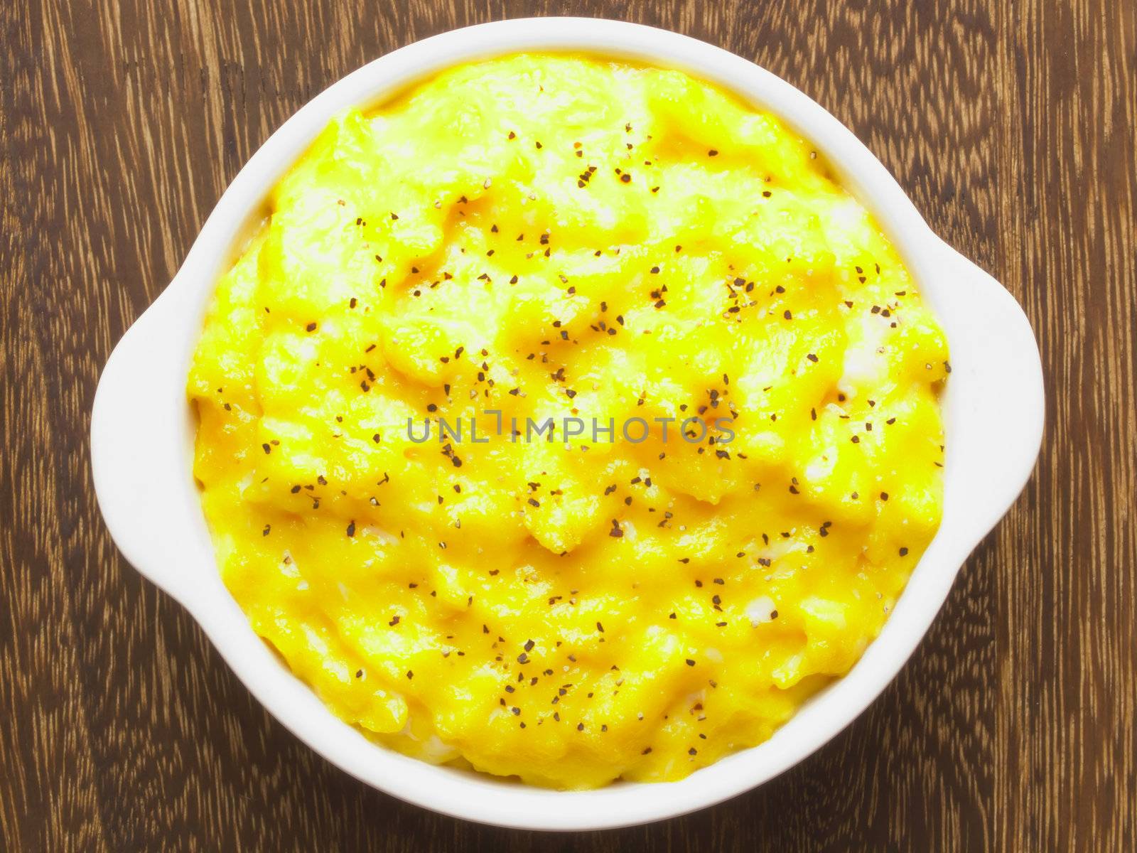 close up of a bowl of scrambled eggs