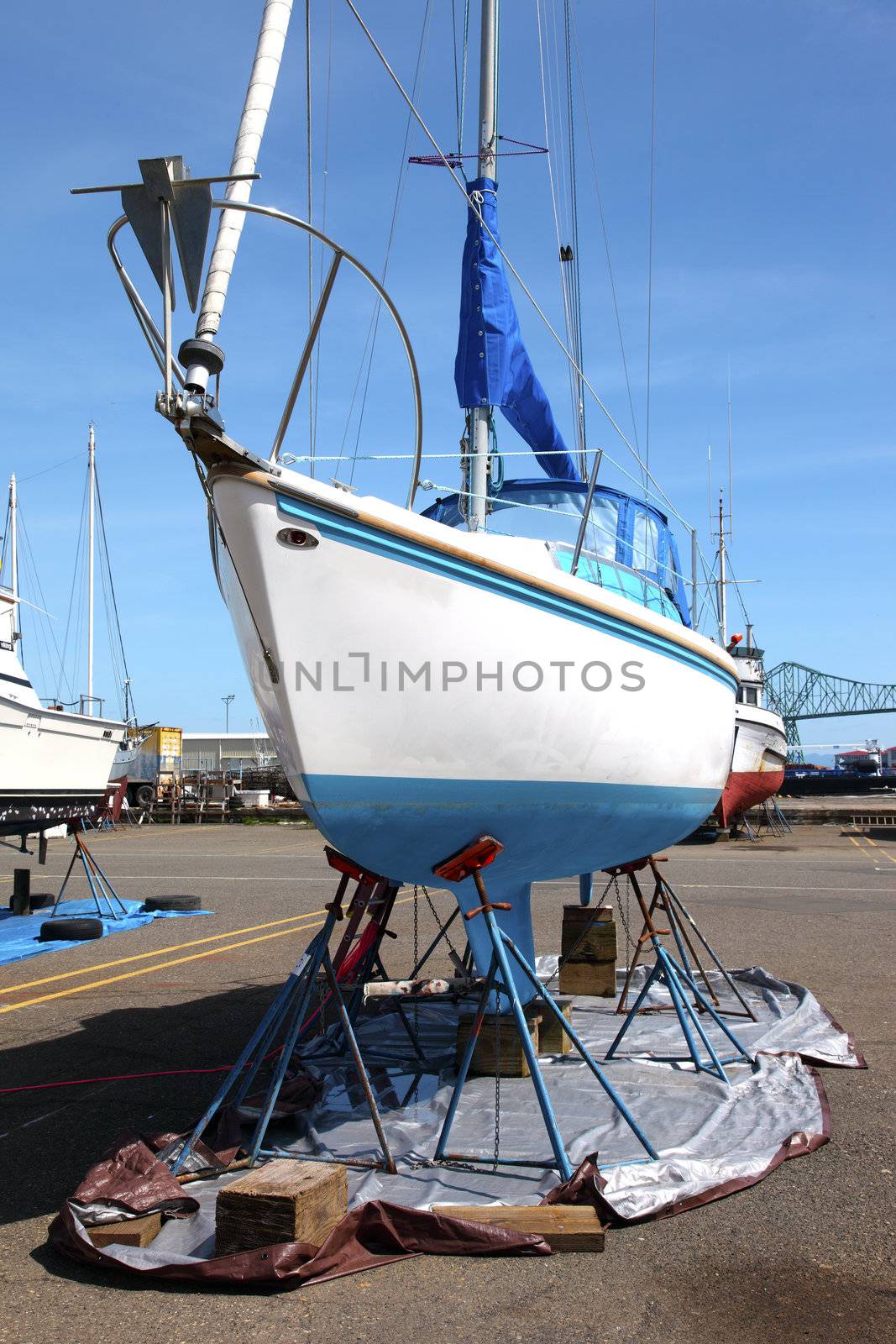 Boat on stands to be serviced and repaired.