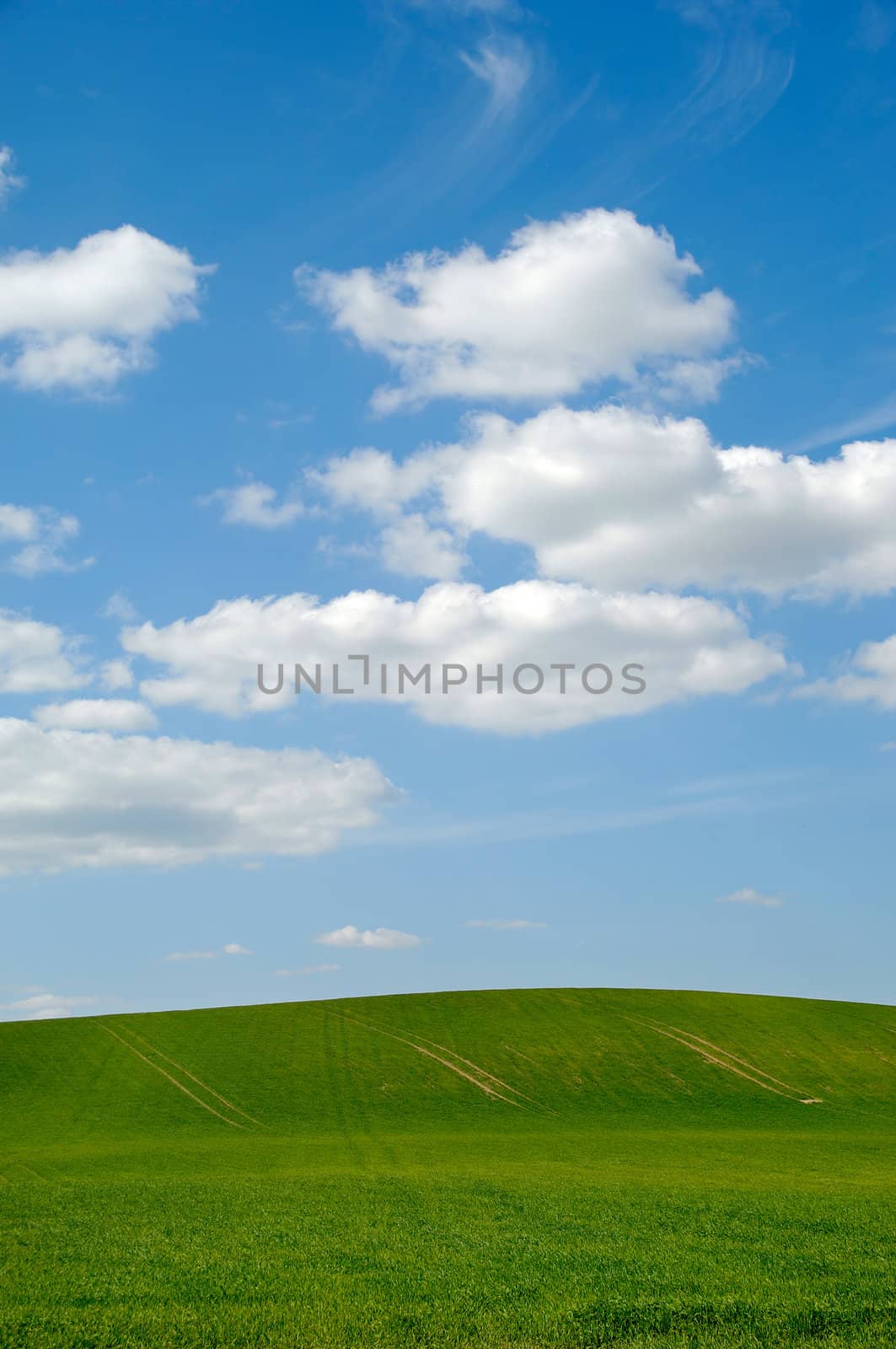 Farm landscape with blue sky and clouds.