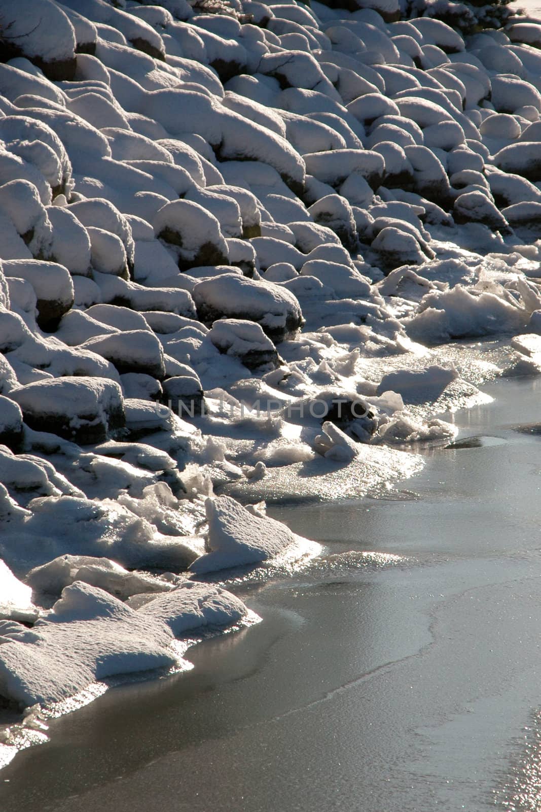 Rocks are covered with ice and snow