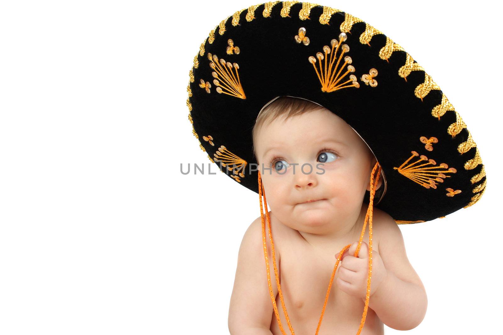 6 month old baby boy wearing a Mexican hat