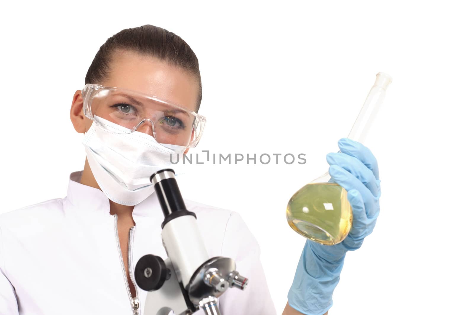 young beautiful woman scientist works in lab