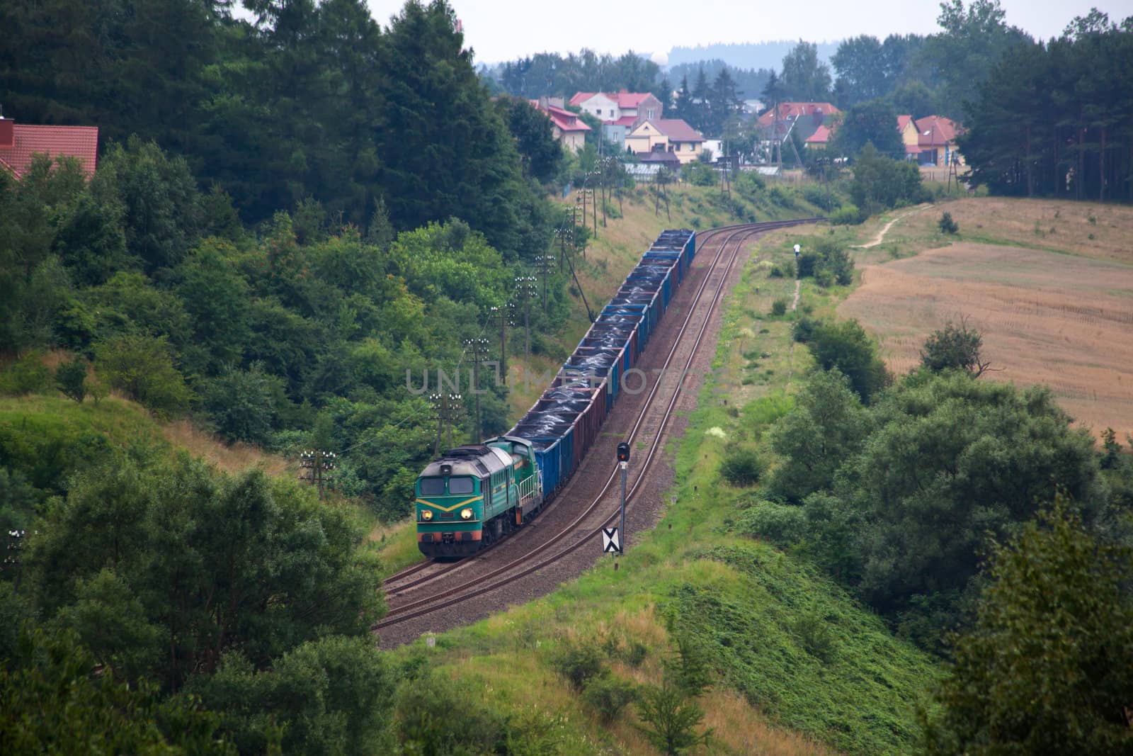 Freight train hauled by the diesel locomotives passing the forest
