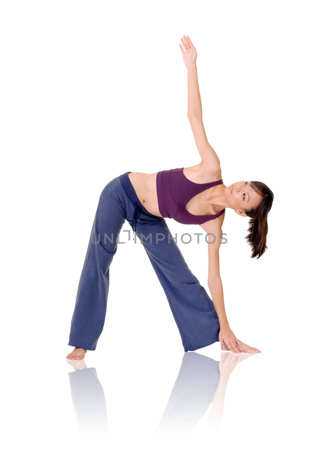 Asian woman of fitness doing expert yoga pose, full length portrait isolated on white background.