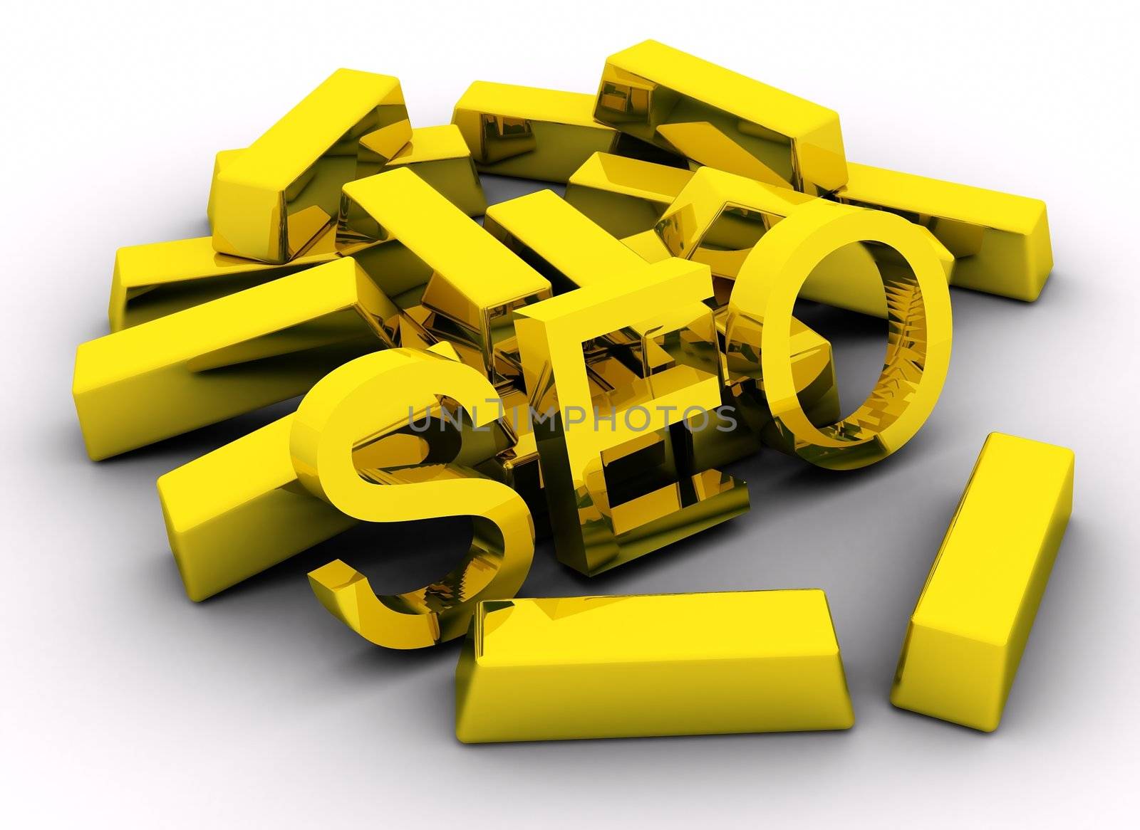 Gold bars and golden SEO text on white background.