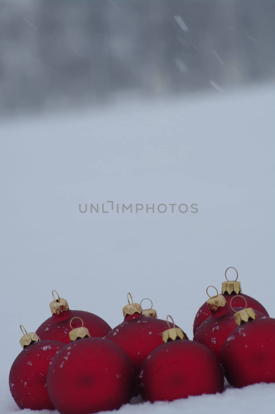 a red bauble in snowy lwinter andscape