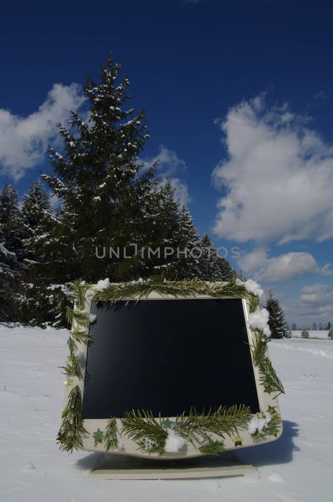 a decorated screen in snowy winter landscape