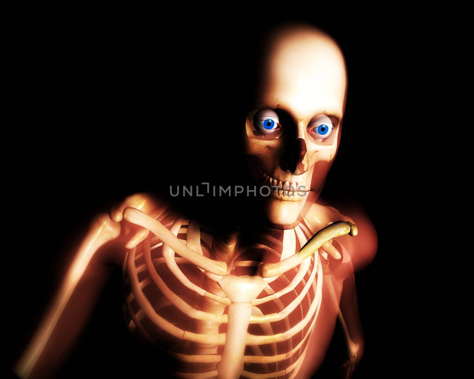 Close up view of semi transparent human skin with a skeleton underneath.