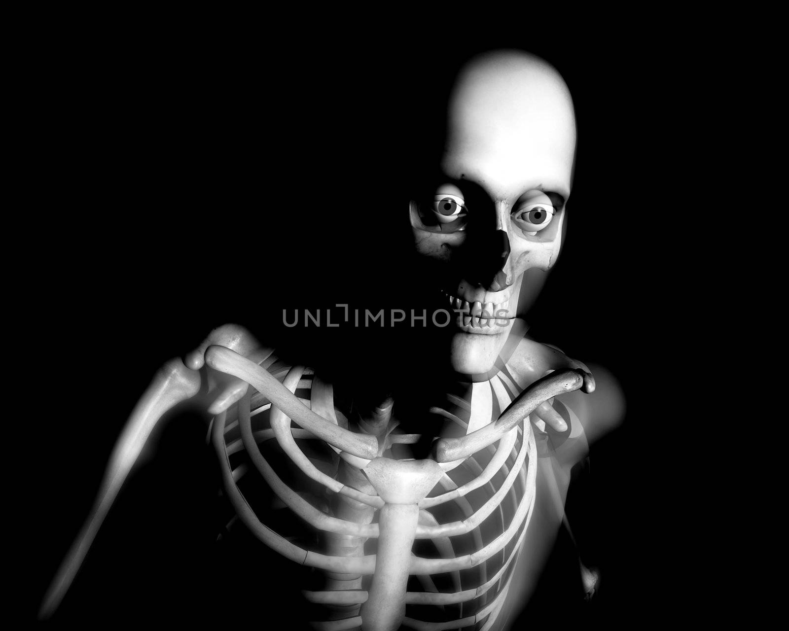 Close up view of semi transparent human skin with a skeleton underneath.