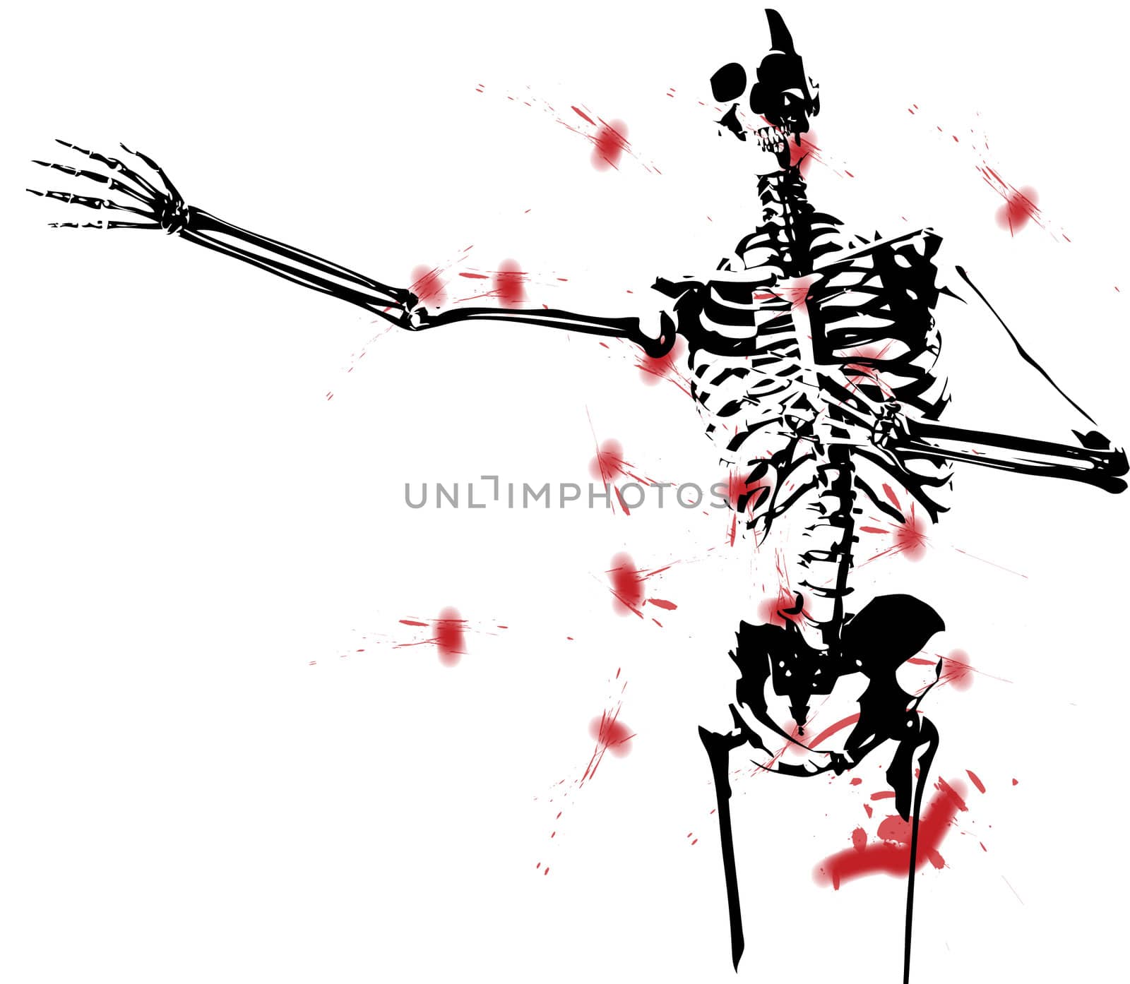 An illustrated black and white skeleton covered in blood.