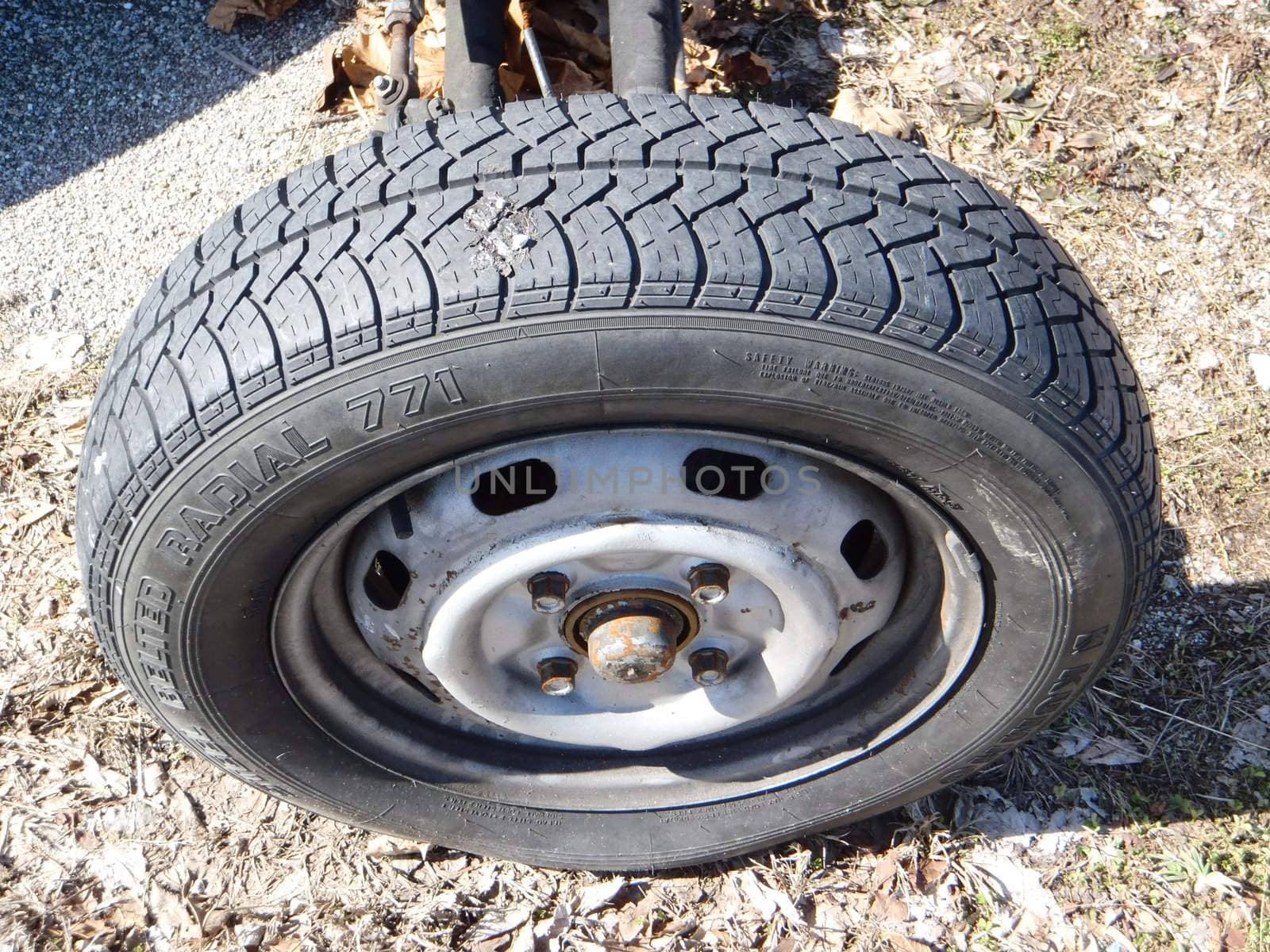 Classic car in pieces - tire close up