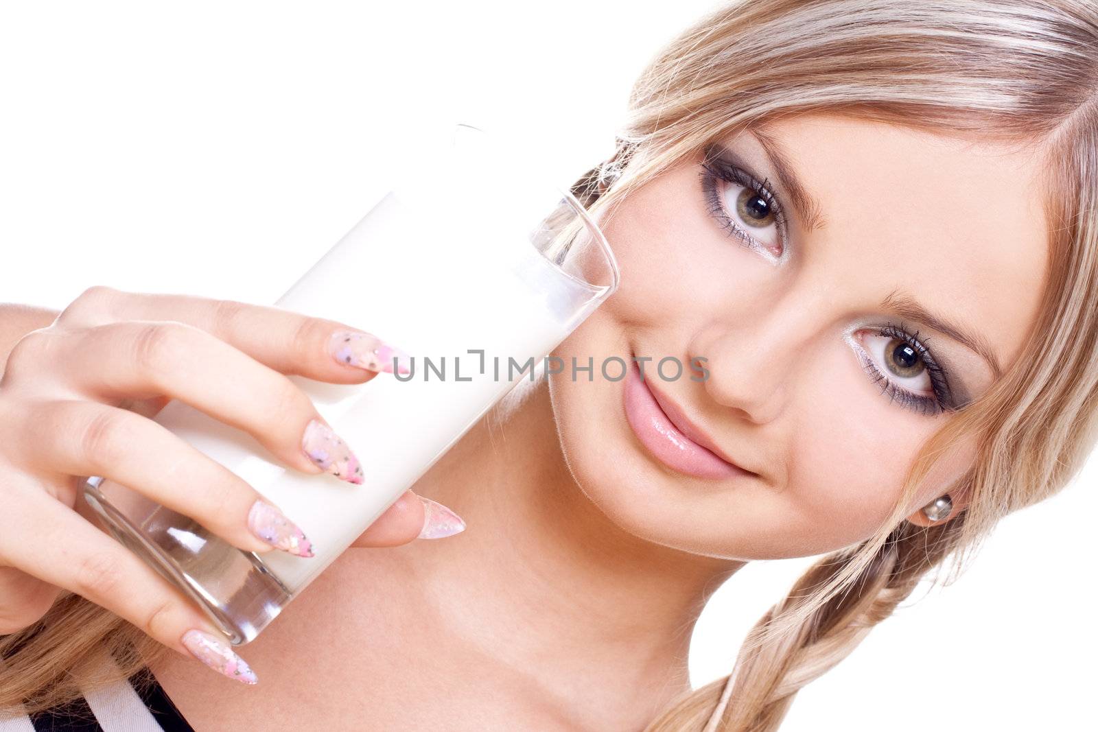 beautiful woman drinking milk on a white background