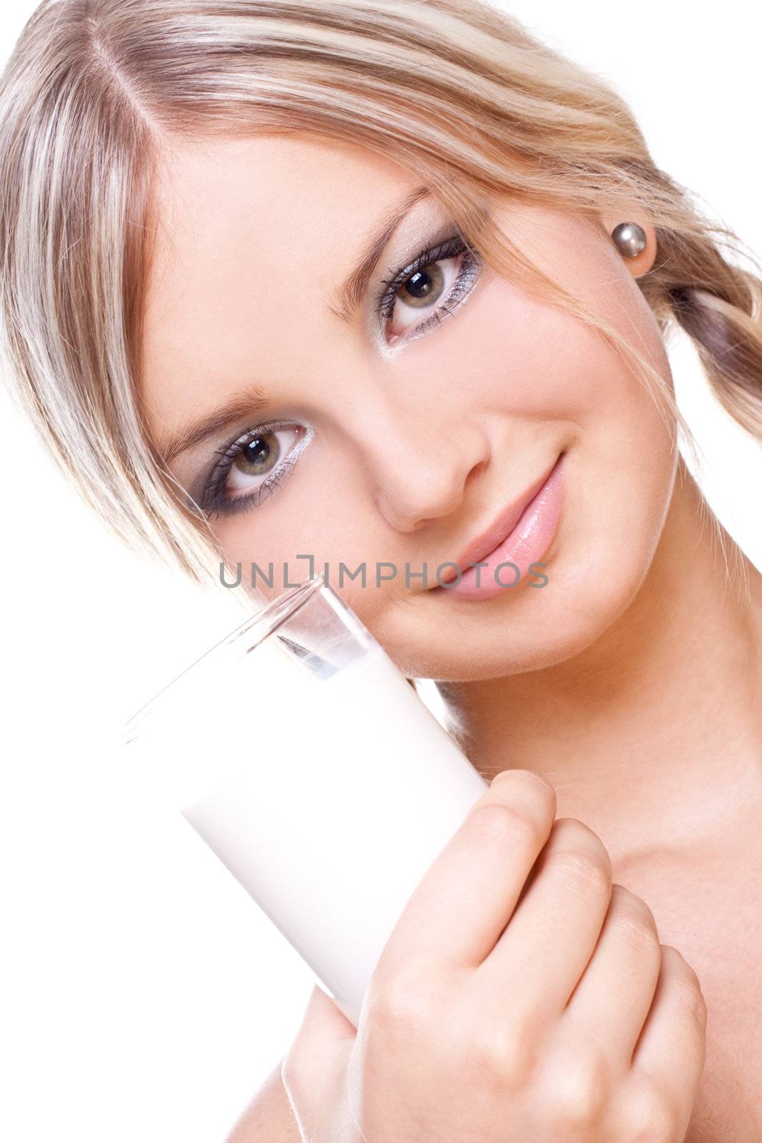 beautiful woman drinking milk on a white background