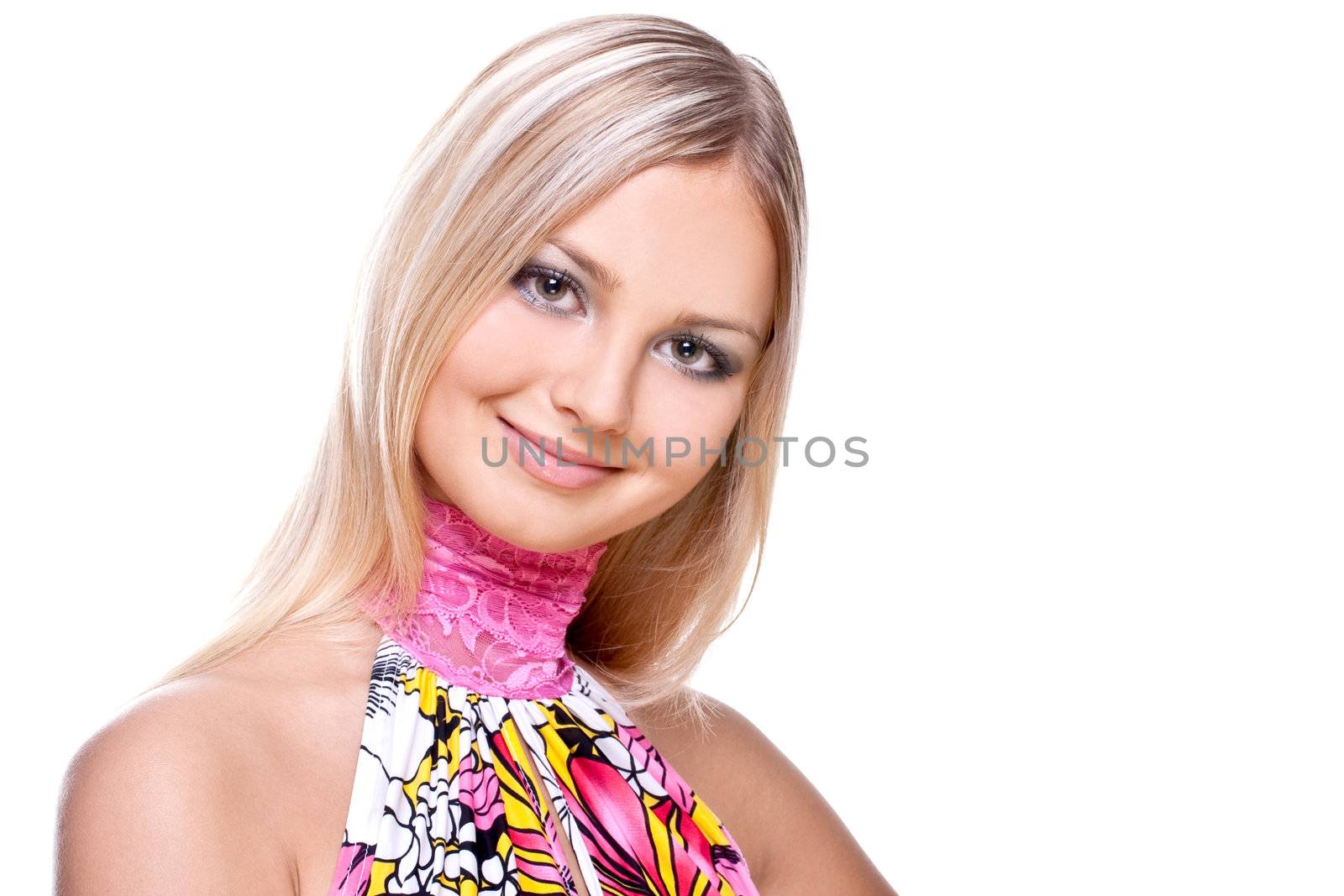 beautiful women in a colored dress on a white background