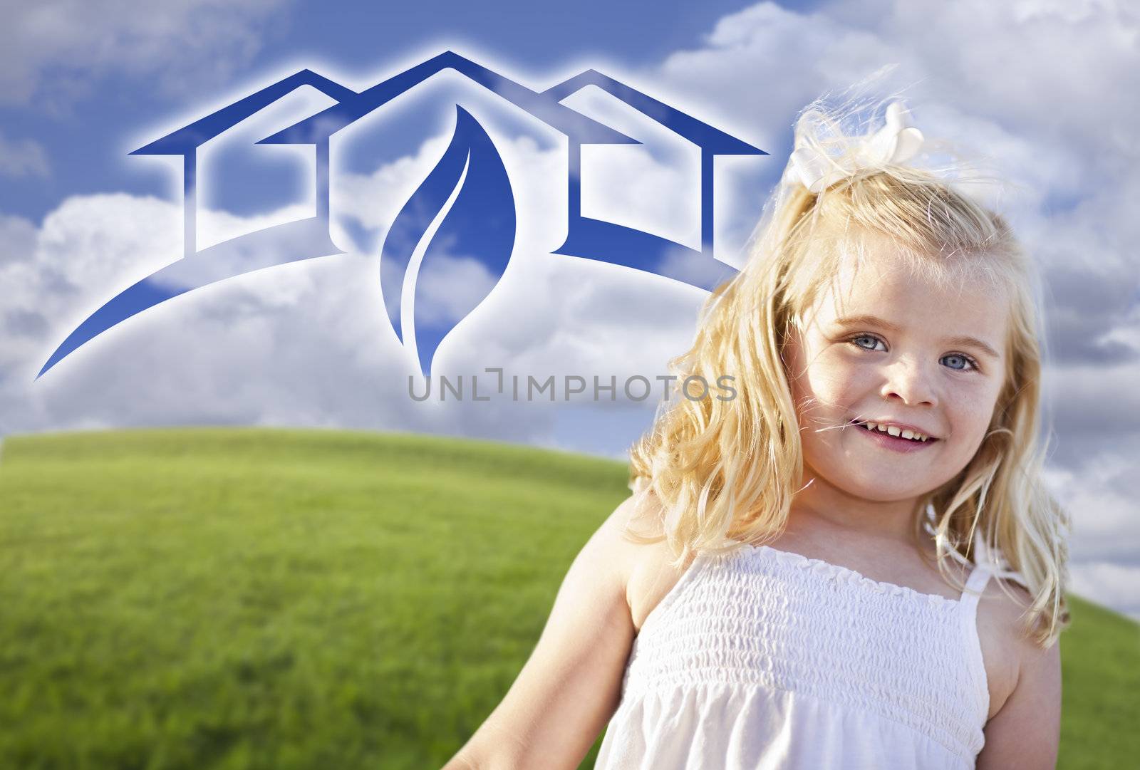 Adorable Blue Eyed Girl Playing Outside with Ghosted Green House Graphic in The Blue Sky.