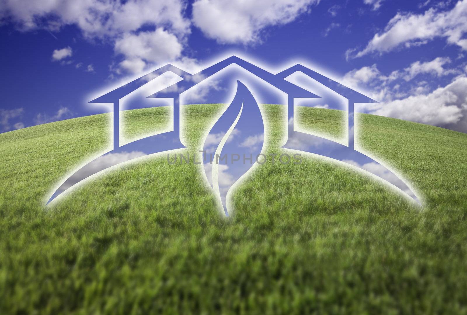 Ghosted Green House Over Arched Fresh Green Grass and Blue Sky.