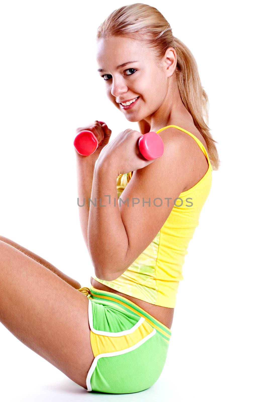 pink dumbbells in the hands of women by Lupen