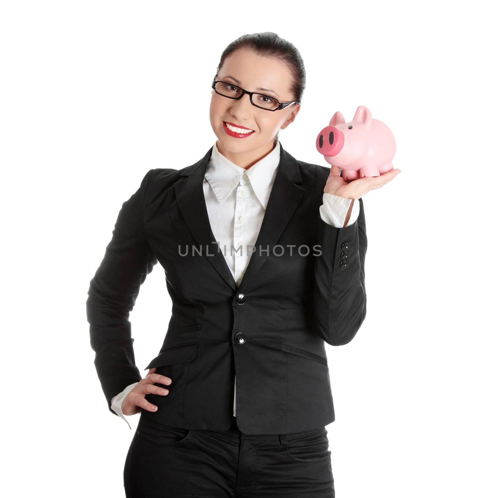 Businesswoman holding piggy bank isolated on white