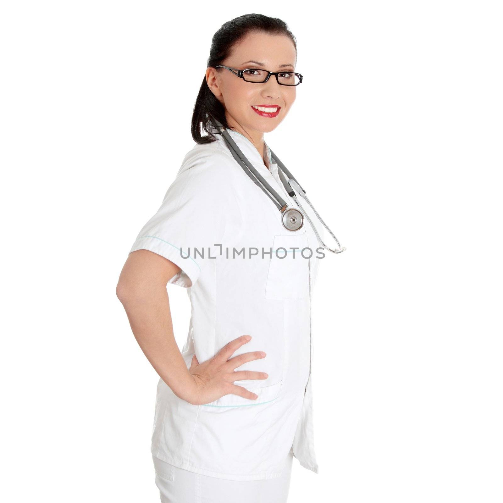 Young happy nurse or female doctor , isolated on white background