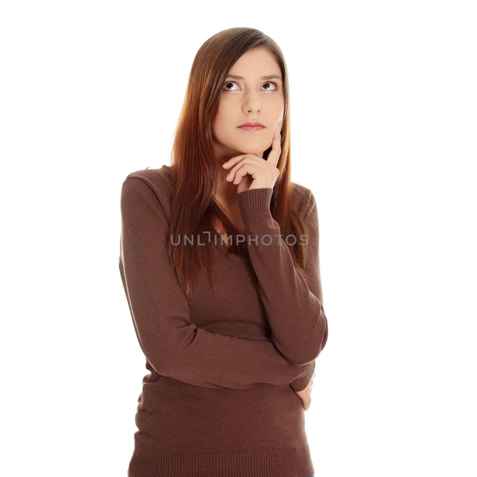 Thoughtful young woman, isolated over a white background