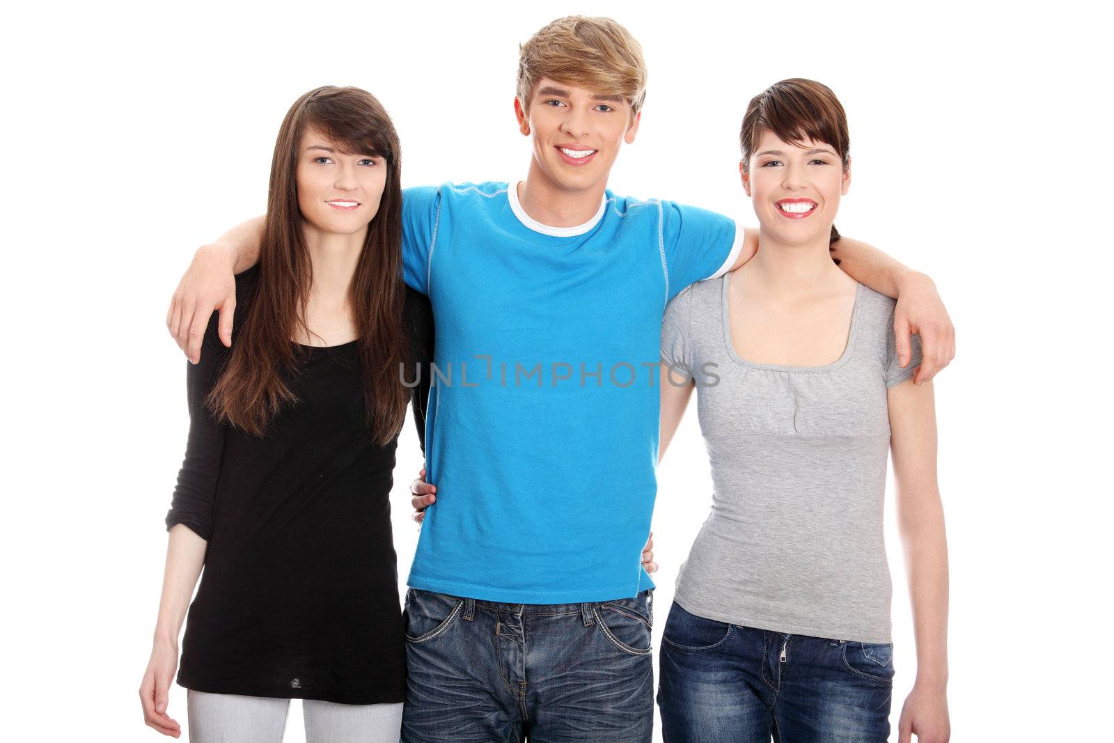 Young happy friends. Isolated on white background.