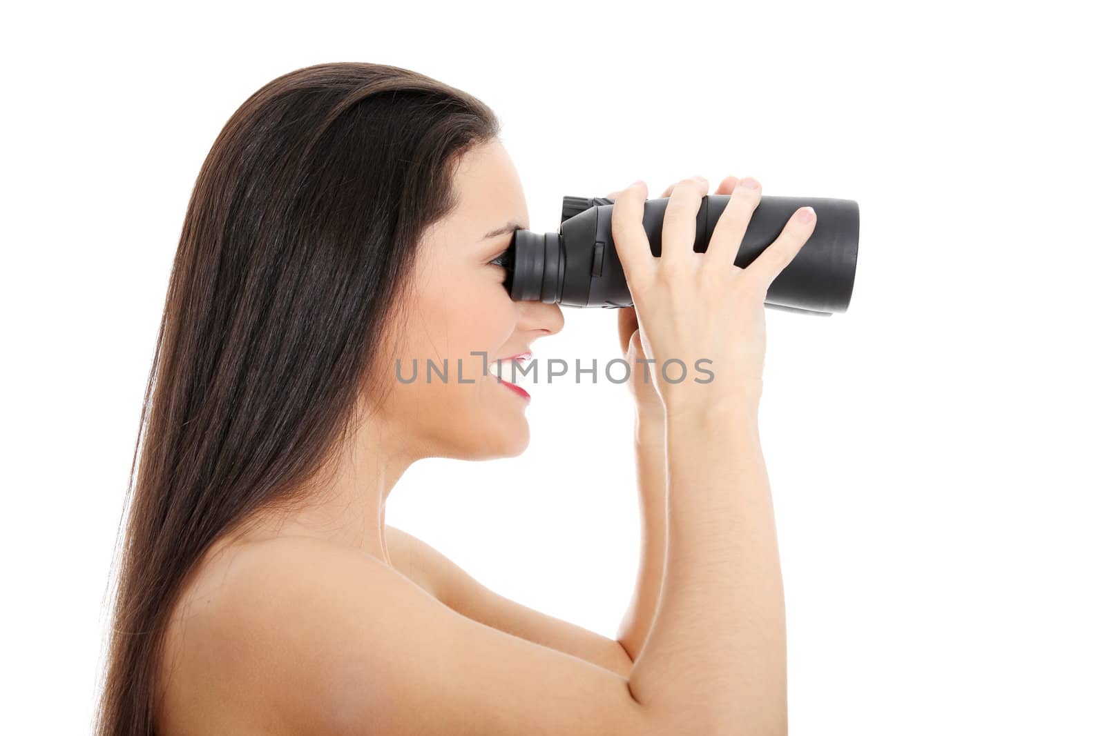 Young happy woman with binocular, isolated on white